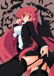  ass bat black_legwear black_panties blush breasts demon_tail demon_wings foreshortening from_below garter_straps head_wings highres impossible_clothes impossible_shirt koakuma large_breasts long_hair looking_at_viewer necktie panties pointy_ears red_eyes red_hair redhead smile solo tail thigh-highs thighhighs tinkvov touhou underwear very_long_hair wings 