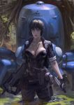  breasts cleavage cyberpunk cyborg fingerless_gloves ghost_in_the_shell ghost_in_the_shell_stand_alone_complex gloves gun highres knife kusanagi_motoko large_breasts lips mecha reverse_grip rifle robot science_fiction short_hair solo tachikoma wading weapon xiaji 