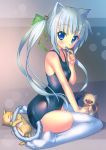  absurdres animal_ears black_swimsuit blue_eyes cat cat_ears cat_hair_ornament cat_tail hair_ribbon highres long_hair one-piece_swimsuit original ribbon scan school_swimsuit silver_hair sitting solo swimsuit tail takoyaki_(roast) thigh-highs thighhighs twintails wariza wet white_legwear 