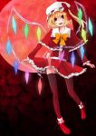  adapted_costume black_legwear blonde_hair blush capelet crystal fangs flandre_scarlet full_moon hat hat_ribbon highres long_sleeves moon open_mouth puffy_sleeves red_eyes red_moon ribbon short_hair side_ponytail skirt smile solo thigh-highs thighhighs touhou wings 
