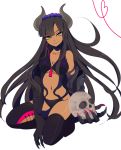  bare_shoulders black_hair black_legwear breasts claws cleavage dark_skin demon_girl green_eyes harano holding horns long_hair looking_at_viewer navel original simple_background sitting skull smile solo squatting thigh-highs thighhighs white_background 