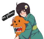  ahoge araragi_tsukihi black_hair blush buster-kun dai_(touhou_handdrawn) egg fried_egg hair_ornament long_sleeves monogatari_(series) nisemonogatari open_mouth sharp_teeth short_hair smile solo stuffed_animal stuffed_toy the_pillows white_background 