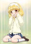  blonde_hair blush cardigan hairband highres kise_yayoi open_mouth peacemaker777 ponytail precure school_uniform short_hair sitting skirt smile_precure! solo tears yellow_eyes 