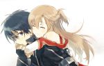  1boy 1girl ^_^ asuna_(sao) bare_shoulders black_eyes black_hair blush brown_hair closed_eyes couple detached_sleeves eyes_closed fingerless_gloves gloves hug hug_from_behind kirigaya_kazuto kirito long_hair nicolat smile sword_art_online yuuki_asuna 