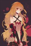  black_background blonde_hair breasts cleavage gloves long_hair milla_(tales_of_xillia_2) milla_maxwell red_eyes skirt solo tales_of_(series) tales_of_xillia tales_of_xillia_2 v_arms yachi_kou 