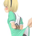  blonde_hair bondage dress dress_lift hairband higurashi_no_naku_koro_ni houjou_satoko looking_back midriff pantyhose puffy_sleeves red_eyes rope satou_yuu school_uniform short_hair short_sleeves simple_background standing white_background 