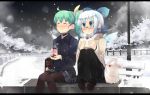  ^_^ alternate_costume bag bespectacled black_legwear blue_eyes blue_hair cirno closed_eyes cold cup daiyousei glasses green_hair holding ice ice_wings letterboxed multiple_girls pantyhose school_uniform shin_(new) short_hair side_ponytail sitting skirt snowing touhou wings 