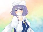  blush hat kanitama_(putyourhead) letty_whiterock long_sleeves puffy_sleeves purple_eyes purple_hair scarf short_hair smile solo touhou violet_eyes 