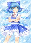  bloomers blue_eyes blue_hair blush bow cirno crossed_arms grin hair_bow highres ice ice_wings pointy_ears short_hair skirt skirt_set smile snow solo teeth touhou toukaze_koori wings 