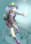  backpack bag blue_eyes blue_hair cucumber hair_bobbles hair_ornament hat highres kawashiro_nitori key long_sleeves open_mouth short_hair solo touhou twintails yoshida_yamao 