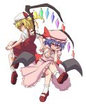 bat_wings blonde_hair blue_hair bow crossed_legs crystal dai_(touhou_handdrawn) fang flandre_scarlet hat hat_bow hat_ribbon legs_crossed multiple_girls pointing puffy_sleeves red_eyes remilia_scarlet ribbon short_sleeves siblings side_ponytail sisters sitting smile touhou turning white_background wings 