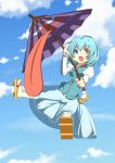  blue_eyes blue_hair blush blush_stickers cloud clouds geta heterochromia karakasa_obake kuro_(baseball0000) open_mouth red_eyes sandals short_hair skirt sky smile solo tatara_kogasa tongue touhou umbrella 