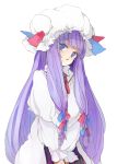  blue_eyes bust hat karasu_tsuki long_hair looking_at_viewer patchouli_knowledge purple_hair simple_background solo touhou v_arms very_long_hair white_background 