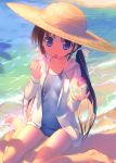  absurdres barefoot beach black_hair blue_eyes blue_swimsuit collarbone hat highres holding_spoon hoodie long_hair mouth_hold one-piece_swimsuit open_hoodie original scan school_swimsuit shaved_ice sitting solo spoon sun_hat swimsuit swimsuit_under_clothes takoyaki_(roast) tongue tongue_out twintails wariza 