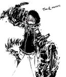  black_rock_shooter hood hoodie mechanical_arm merpperoni monochrome red_eyes solo spot_color strength_(black_rock_shooter) tail thigh-highs thighhighs 