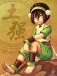  ankle_cuffs ankle_wraps avatar:_the_last_airbender avatar_the_last_airbender barefoot black_hair chinese_clothes cuffs dirty_feet feet hair_bun rock sitting smile soles solo toph_bei_fong white_eyes wrist_wraps 