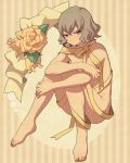  barefoot brown_eyes brown_hair flower inazuma_eleven inazuma_eleven_(series) inazuma_eleven_go kudou_akira male naked_ribbon nude ribbon shindou_takuto short_hair sitting solo 