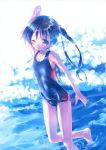  ;d absurdres arm_up black_hair black_swimsuit blush clothed_navel feet_in_water highres one-piece_swimsuit open_mouth original red_eyes scan school_swimsuit shiny shiny_clothes smile soaking_feet solo swimsuit takoyaki_(roast) twintails water wet wet_clothes wink 