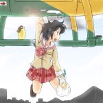  bag bird black_eyes black_hair cigarette fish gaketsu grocery_bag helicopter mogura_(nichijou) nichijou school_uniform shinonome_nano shopping_bag short_hair skirt smile solo vehicle winding_key 