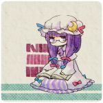  bespectacled blue_eyes book capelet crescent glasses hat kanitama_(putyourhead) long_hair long_sleeves lowres patchouli_knowledge purple_hair semi-rimless_glasses solo touhou under-rim_glasses very_long_hair wide_sleeves 