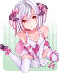  bare_shoulders breasts cleavage gloves halftone halftone_background horn_ribbon horns looking_at_viewer original paw_gloves paws red_eyes ribbon settyaro short_hair silver_hair sitting solo wariza white_hair 