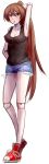  absurdres adult arm_up armpits blush breasts brown_hair cleavage denim denim_shorts doll_joints green_eyes heterochromia highres long_hair pltrgst ponytail red_eyes rozen_maiden shoes short_shorts shorts sneakers solo suiseiseki tank_top very_long_hair 