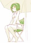  barefoot beach_umbrella bikini chair green green_hair hairband hoodie idolmaster looking_at_viewer mole monochrome nagian navel open_clothes open_hoodie open_jacket otonashi_kotori short_hair sitting sketch smile solo spot_color swimsuit 