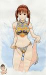  1girl armlet barefoot bikini braid brown_eyes brown_hair chibi_inset concept_art crop_top dead_or_alive dead_or_alive_xtreme hair_rings halter_top halterneck jann_lee lei_fang official_art sarong smile swimsuit traditional_media twin_braids undressing 