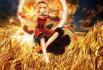  absurdres aki_minoriko autumn_leaves barefoot belt blonde_hair cloud clouds food fruit hat highres parted_lips persimmon poyan_noken red_eyes short_hair sky solo tomato touhou wheat 