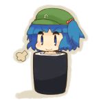  arai_seiryuu bare_shoulders blue_eyes blue_hair food hair_bobbles hair_ornament hat in_container in_food kawashiro_nitori short_hair smile solo sushi touhou twintails white_background 