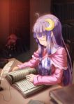  ahoge bespectacled blurry book closed_eyes crescent cup depth_of_field dress eyes_closed glasses hair_ornament hair_ribbon koakuma minigirl multiple_girls patchouli_knowledge puem purple_hair quill red_hair redhead ribbon sitting sleeping teacup touhou 