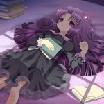  book breasts clannad dress hair_bobbles hair_ornament ichinose_kotomi long_hair on_back open_book purple_eyes purple_hair solo touko_(tokotoko) two_side_up violet_eyes 