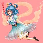  blue_hair breasts cleavage closed_eyes dress eyes_closed flower hair_rings hair_stick kaku_seiga nurupoga ofuda pink_background pumps see-through shawl shoes short_hair simple_background smile solo thigh_strap touhou vest 