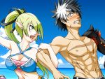  1girl :o bikini black_hair blush clenched_teeth elsword eve_(elsword) green_eyes green_hair locked_arms long_hair multicolored_hair muscle pointy_ears ponytail raven_(elsword) rena_(elsword) scar shirtless spiked_hair spiky_hair swimsuit two-tone_hair umikawa_torao when_you_see_it white_hair yellow_eyes 