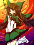  adapted_costume arm_cannon bad_id black_wings bow brown_hair capelet fang hair_bow kiilowolf long_hair open_mouth red_eyes reiuji_utsuho solo touhou weapon wings 