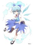  &gt;:) artist_name blue_eyes blue_hair blush bow cirno dress hair_bow ice ice_wings looking_at_viewer mary_janes outstretched_arm revision shoes short_hair simple_background smile socks solo touhou white_background white_legwear wings yutamaro 