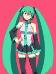  blush dai_(touhou_handdrawn) detached_sleeves green_eyes green_hair hand_on_hip hatsune_miku long_hair necktie open_mouth pink_background red_background solo thigh-highs thighhighs twintails vocaloid 