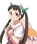  backpack bag black_hair dai_(touhou_handdrawn) face fang hachikuji_mayoi hairband long_hair monogatari_(series) red_eyes short_sleeves simple_background smile solo twintails white_background 