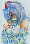  animal_ears bare_shoulders blood breasts bust claws colored_pencil_(medium) detached_sleeves hat highres impossible_clothes inubashiri_momiji kitazinger profile shaded_face short_hair solo tokin_hat touhou traditional_media white_hair wolf_ears 