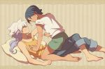  barefoot hair_ornament hakuryuu_(inazuma_eleven) inazuma_eleven inazuma_eleven_(series) inazuma_eleven_go kneeling kudou_akira long_hair male multicolored_hair multiple_boys on_back short_hair shuu_(inazuma_eleven) straddle two-tone_hair 