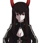  al_bhed_eyes black_gold_saw black_hair black_rock_shooter breasts cleavage dai_(touhou_handdrawn) face horns long_hair long_sleeves red_eyes solo white_background 