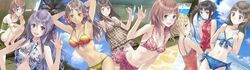  :d :t absurdres arched_back armpits arms_up atelier_(series) atelier_rorona atelier_totori bare_shoulders bikini bikini_skirt black_hair blonde_hair blue_bikini blue_eyes brown_hair bust casual_one-piece_swimsuit cecilia_helmold collage criss-cross_halter crossed_arms cuderia_von_feuerbach dark_skin esty_erhard filly_erhard flat_chest floral_print front-tie_top green_eyes hair_ornament hairpin halter_top halterneck highres kishida_mel knees_on_chest long_hair looking_at_viewer mervia_siebel mimi_houllier_von_schwarzlang mole multicolored_bikini multiple_girls navel one-piece_swimsuit open_mouth pamela_ibiss plaid plaid_swimsuit print_bikini purple_eyes purple_hair rororina_fryxell short_hair side-tie_bikini side_ponytail sitting smile sweatdrop swimsuit totooria_helmold v violet_eyes 