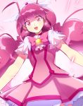  31 antenna_hair bowtie brooch choker cure_happy dress earrings hair_ornament hairpin head_wings highres hoshizora_miyuki jewelry long_hair magical_girl pink pink_dress pink_eyes pink_hair precure skirt smile smile_precure! solo tiara twintails white_background 
