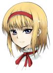  alice_margatroid blonde_hair blue_eyes bust face hairband head_only kamata_yuuya light_particles light_smile looking_at_viewer rough short_hair simple_background solo touhou white_background 