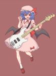  bat_wings blue_hair dai_(touhou_handdrawn) electric_guitar fang guitar hat hat_ribbon instrument open_mouth puffy_sleeves red_background red_eyes remilia_scarlet ribbon short_hair short_sleeves solo touhou wings wrist_cuffs 