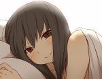  bare_shoulders black_eyes black_hair blush collarbone commentary commentary_request kiiroi_tamago lying on_side original pillow smile solo under_covers 