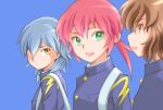  3boys blue_hair blurry brown_hair bust depth_of_field ebi-rom green_eyes hair_over_one_eye inazuma_eleven inazuma_eleven_(series) inazuma_eleven_go kariya_masaki kirino_ranmaru male multiple_boys pink_hair profile revision shindou_takuto simple_background yellow_eyes 