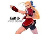  antenna_hair bike_shorts blonde_hair bow brown_eyes character_name crop_top fighting_stance fingerless_gloves gloves hair_bow kanzuki_karin koha_(cgcat) long_hair midriff miniskirt panties ringlets school_uniform serafuku shorts_under_skirt skirt solo street_fighter street_fighter_zero street_fighter_zero_iii title_drop underwear white_panties 