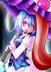  :p blue_eyes blue_hair flower heart heart-shaped_pupils heterochromia karakasa_obake moon naonakamura open_mouth red_eyes short_hair skirt solo symbol-shaped_pupils tatara_kogasa tongue touhou umbrella vest 