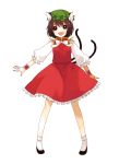  animal_ears bow brown_eyes brown_hair cat_ears cat_tail chen earrings fang fingernails hat jewelry kanitama_(putyourhead) long_sleeves multiple_tails open_mouth puffy_sleeves sharp_fingernails short_hair solo standing tail touhou white_background wrist_cuffs 